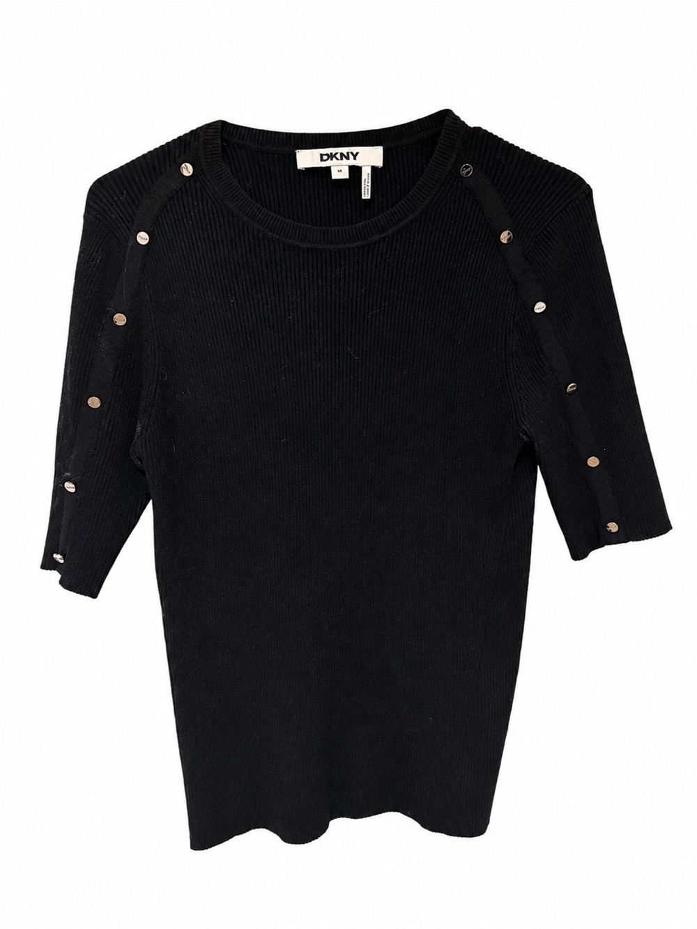 DKNY Black Ribbed Short-Sleeve Top Size Medium
